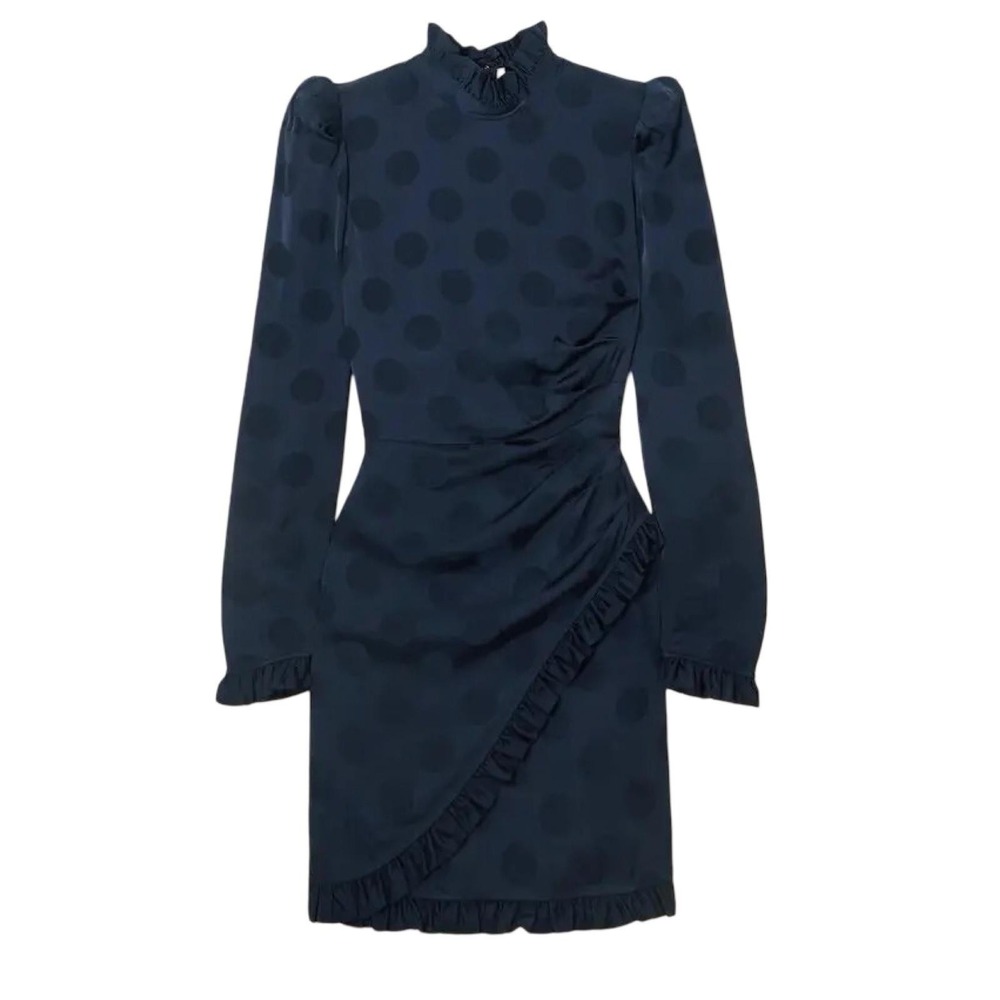 Rebecca Vallance Dress Womens 0 Navy Blue Polka Dot Nour Ruffle Mini Long Sleeve